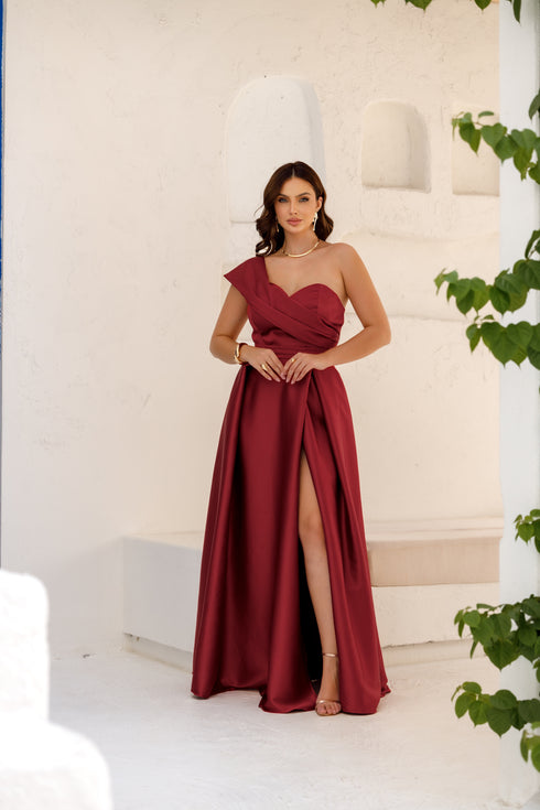 VESTIDO UM OMBRO SÓ RODADO VESTIDO DE FESTA PETRA FINA MARSALA P